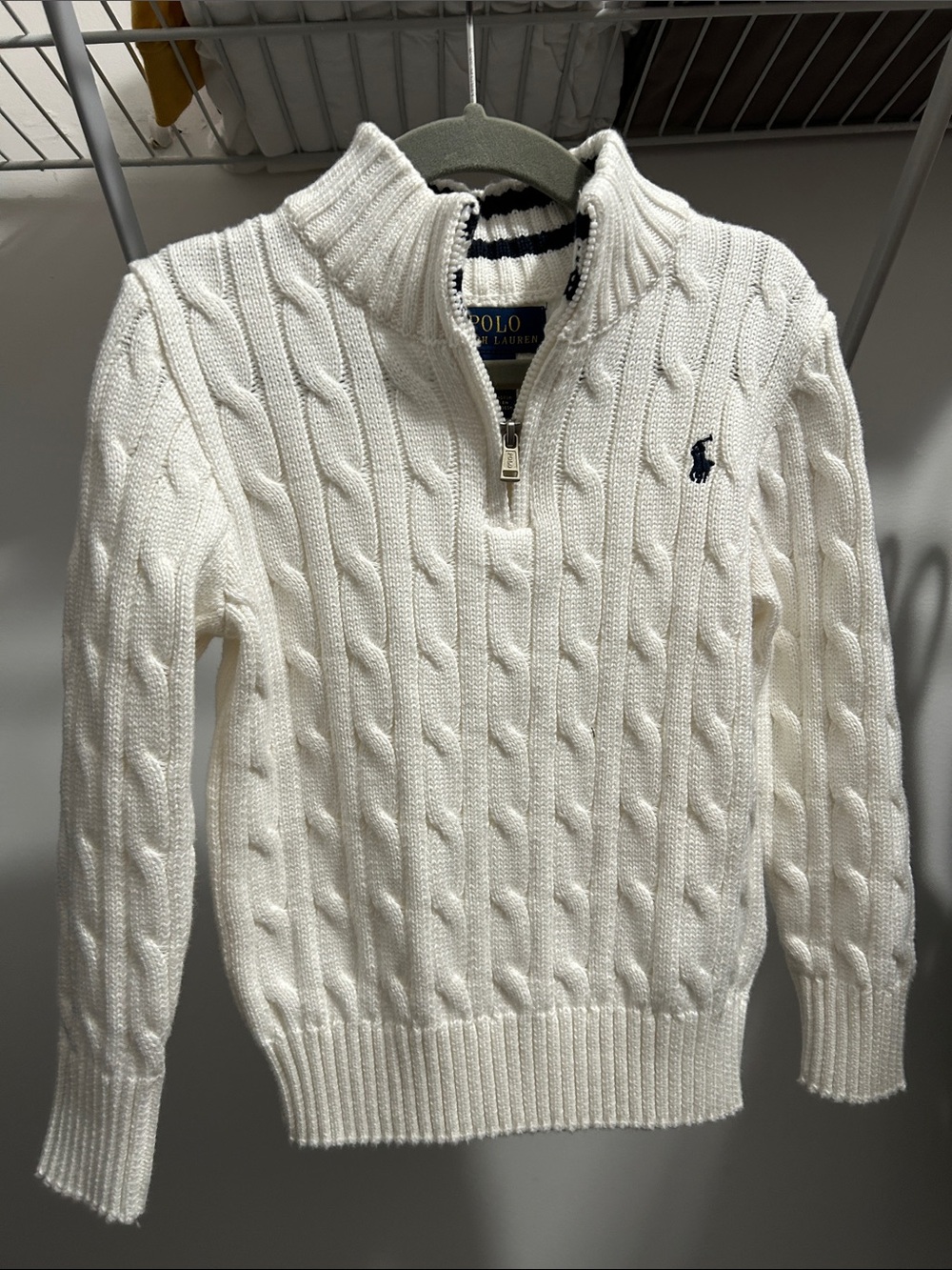 Polo by Ralph Lauren Cream Cable-Knit Half-Zip Sweater with Navy Pony